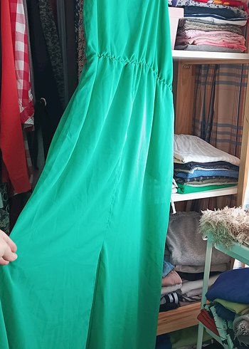 Yeşil Drapeli Uzun Straplez Elbise - Görsel 4