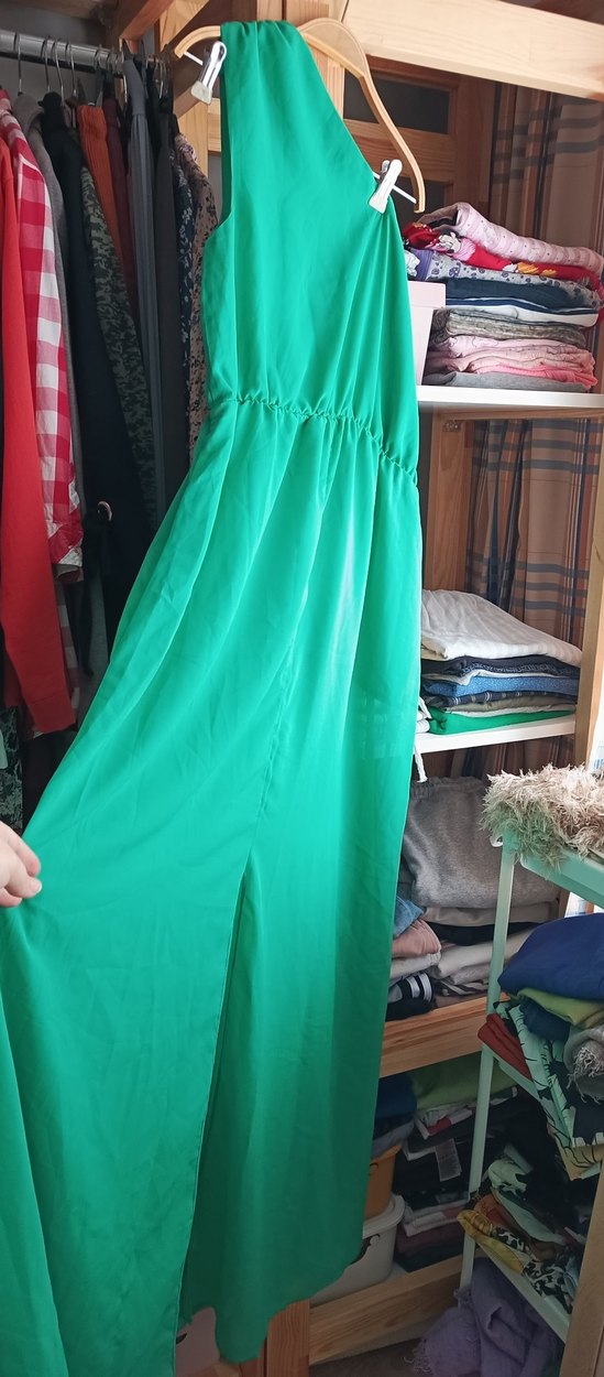 Yeşil Drapeli Uzun Straplez Elbise - Görsel 4