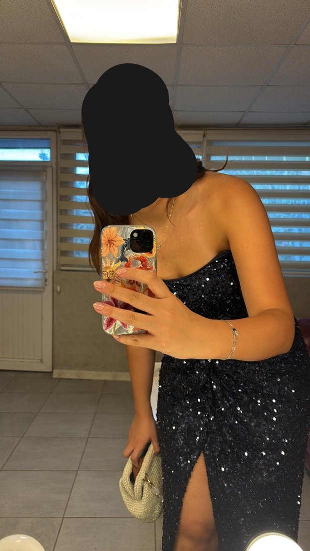 Lacivert payetli straplez abiye elbise - Görsel 2