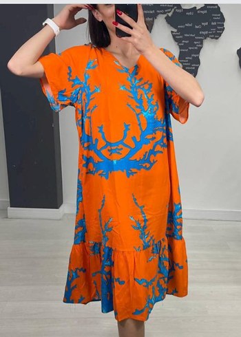 Turuncu Batik Desenli Uzun Salaş Elbise