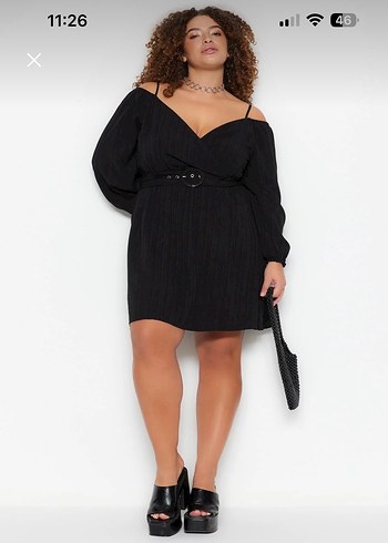 Siyah Kayık Yaka Mini Elbise - Görsel 2