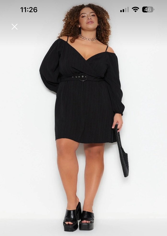 Siyah Kayık Yaka Mini Elbise - Görsel 2
