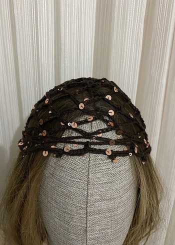 Kahverengi Boncuklu Örgü Vintage Saç Aksesuarı - Görsel 2