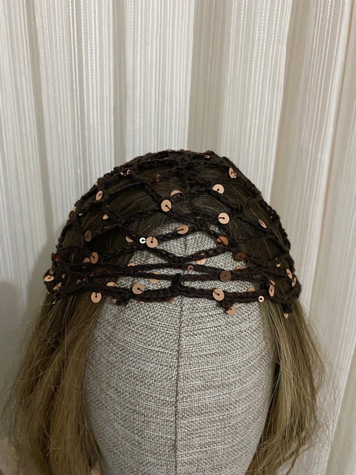 Kahverengi Boncuklu Örgü Vintage Saç Aksesuarı - Görsel 2