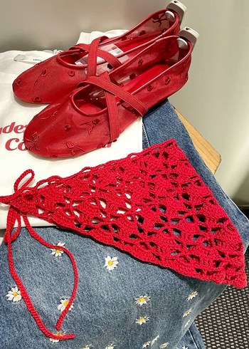 Kırmızı Dantel Detaylı Örgü bandana