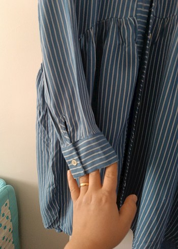 Kadın Mavi Çizgili Uzun Kollu Gömlek - Görsel 4