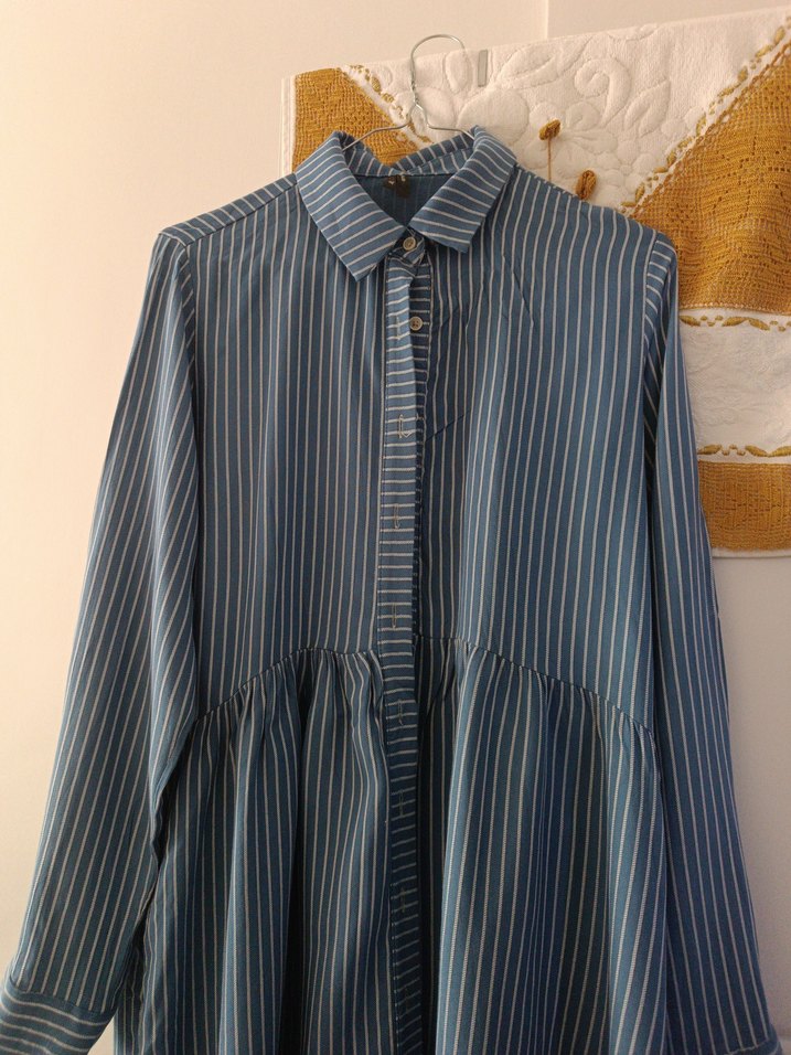 Kadın Mavi Çizgili Uzun Kollu Gömlek - Görsel 2