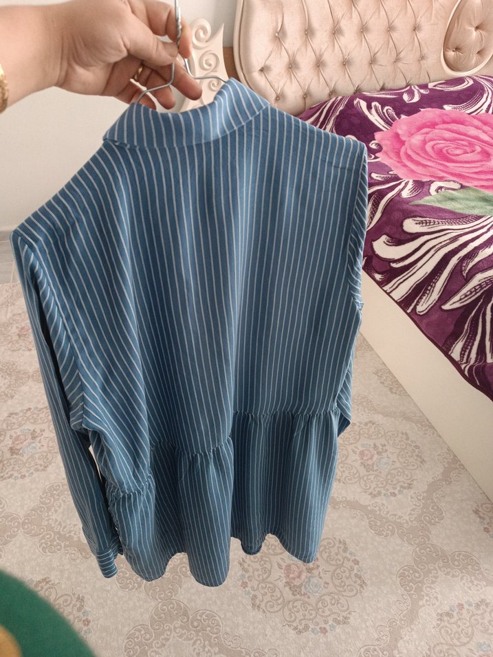 Kadın Mavi Çizgili Uzun Kollu Gömlek - Görsel 5