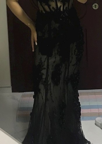 36 Beden Siyah Oleg Cassini Transparan Abiye Elbise