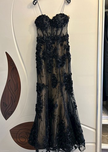 Siyah Oleg Cassini Transparan Abiye Elbise