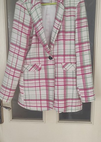 Pembe Ekose Desenli Kadın Blazer Ceket