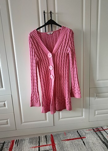 Pembe Örgü V Yaka Uzun Kollu Hırka