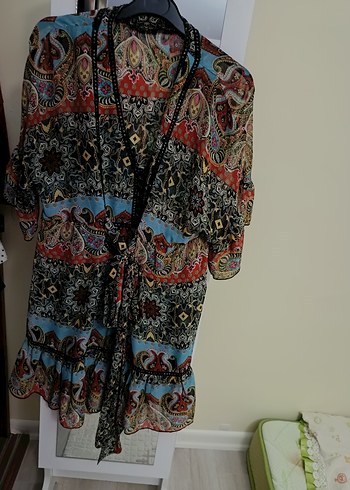 Desenli Bohem Mini Tunik - Kemerli, Uzun Kollu