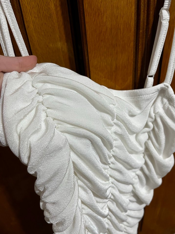 Beyaz Keten Pilili Mini Elbise - Görsel 2