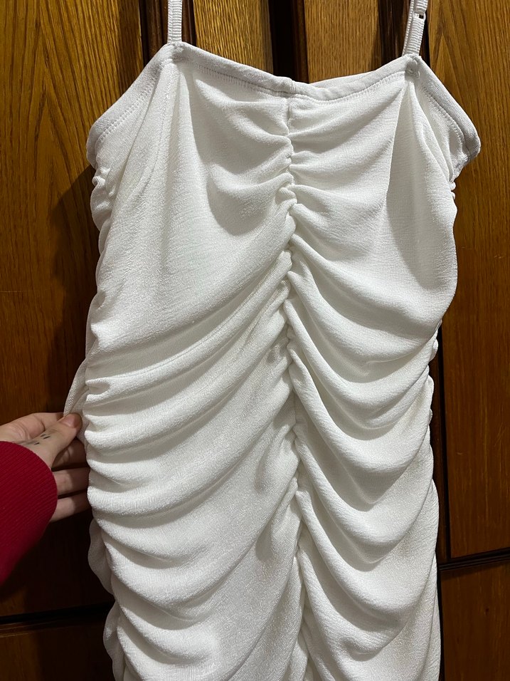 Beyaz Keten Pilili Mini Elbise - Görsel 3