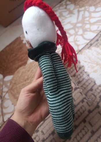 Kırmızı saçlı çizgili tulumlu oyuncak bebek el yapımı - Görsel 3