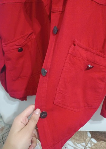 Düğmeli Kırmızı Kadın Denim Ceket - Görsel 4