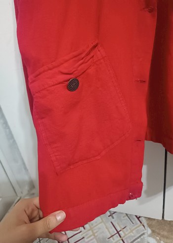 Düğmeli Kırmızı Kadın Denim Ceket - Görsel 2