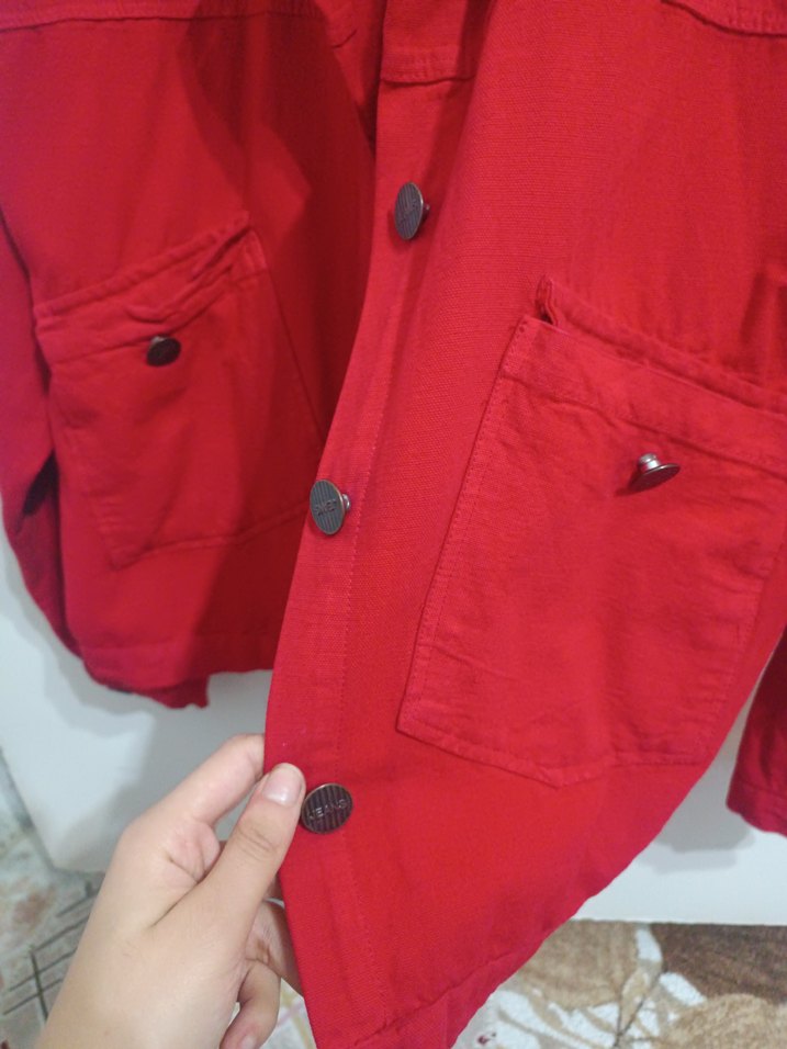 Düğmeli Kırmızı Kadın Denim Ceket - Görsel 4