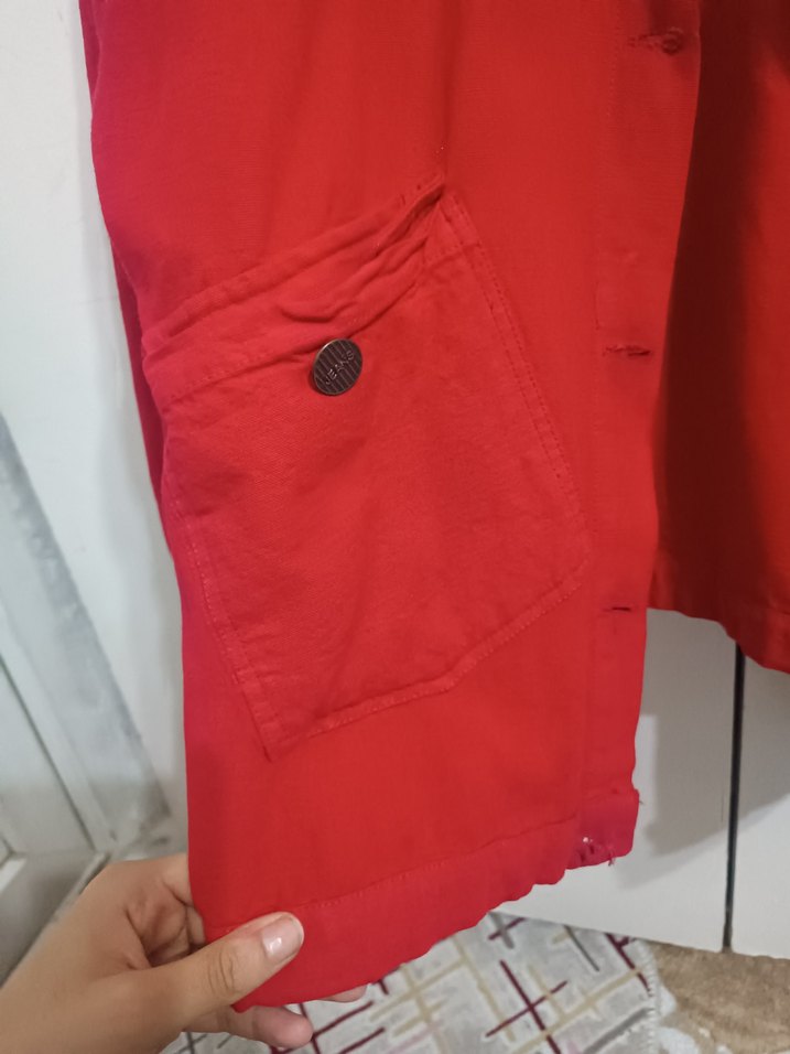 Düğmeli Kırmızı Kadın Denim Ceket - Görsel 2