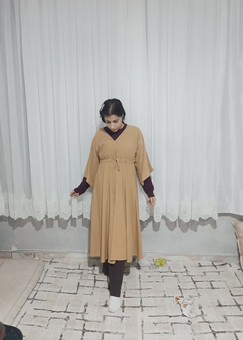 Bej V Yakalı Uzun Keten Elbise - Görsel 4