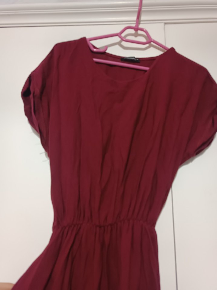 Bordo Keten Salaş Uzun Elbise - Görsel 2