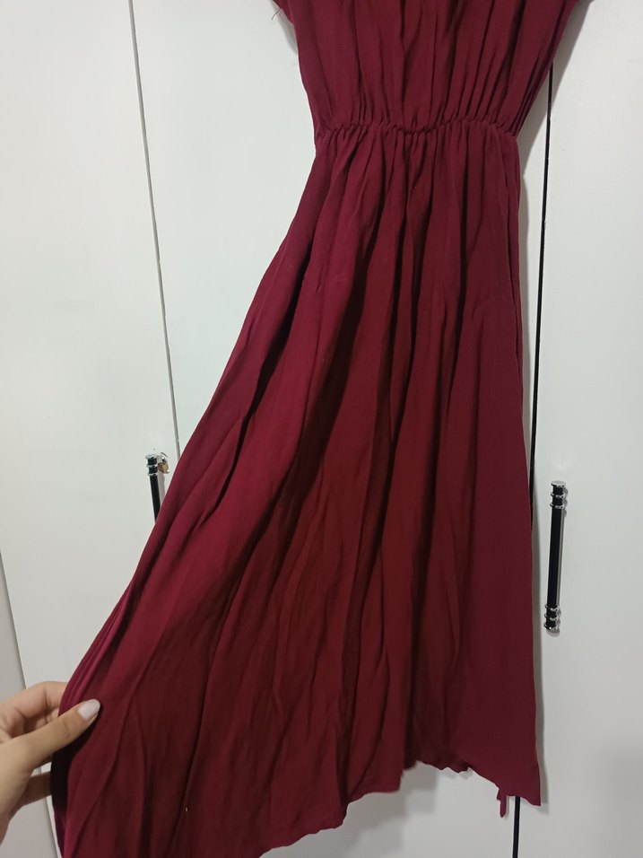 Bordo Keten Salaş Uzun Elbise - Görsel 4