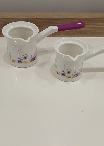 2 li Pastel Renkli Beyaz Çiçek Desenli Cezve
