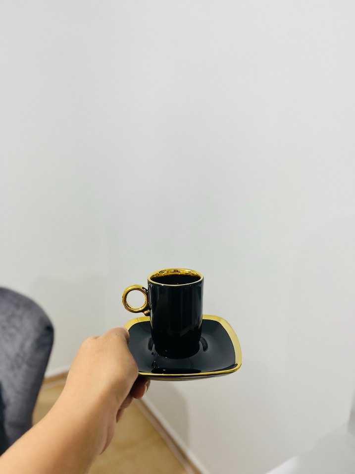 Schafer duble boy Siyah Altın Detaylı 2'li Fincan ve Tabak Seti - Görsel 2
