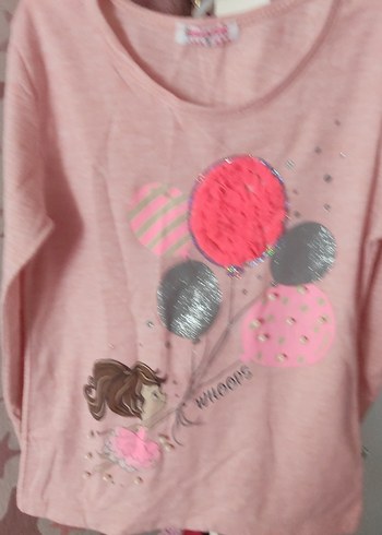 Kız Çocuk Uzun Kollu Pembe Baskılı balon inci görselli Tişört