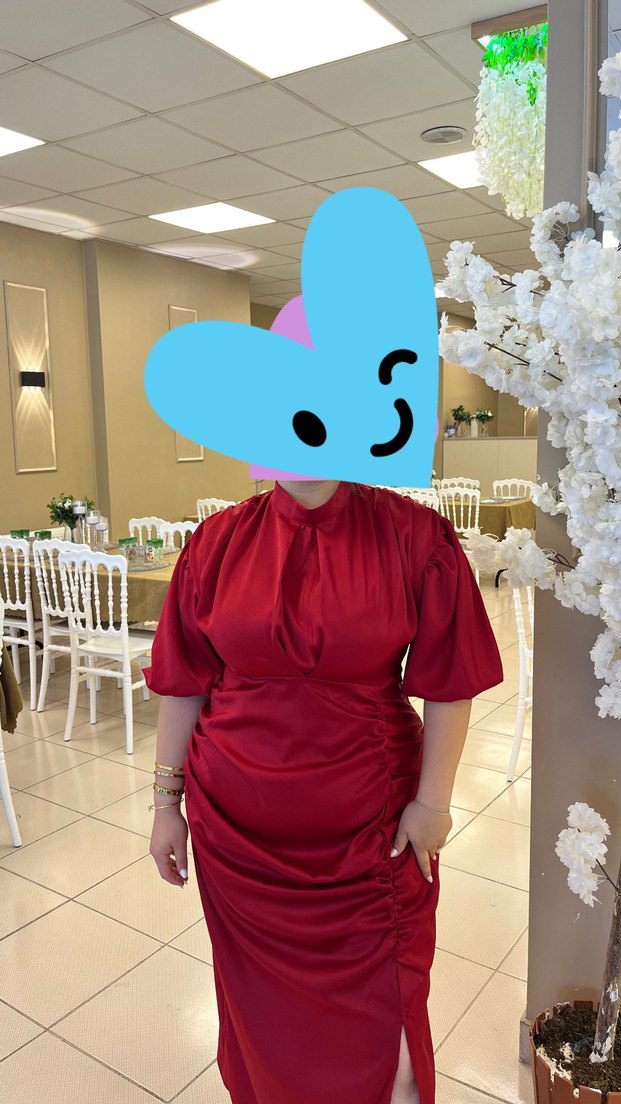 Bordo Drapeli Uzun Saten Elbise - Görsel 3