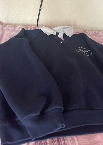 Düğmeli Yakalı Lacivert Kadın Sweatshirt - Görsel 4