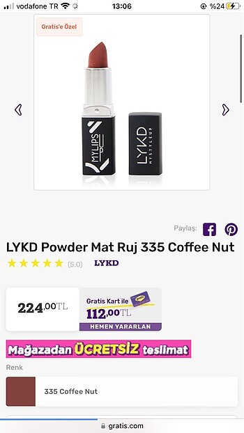 Beden kahverengi Renk LYKD pudralı mat ruj / Coffee Nut rengi