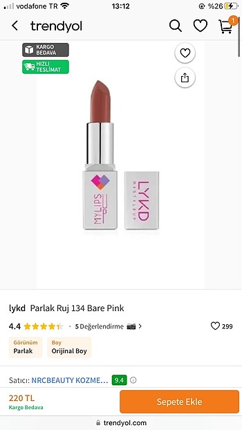 Beden pembe Renk LYKD parlak ruj / BARE PİNK rengi