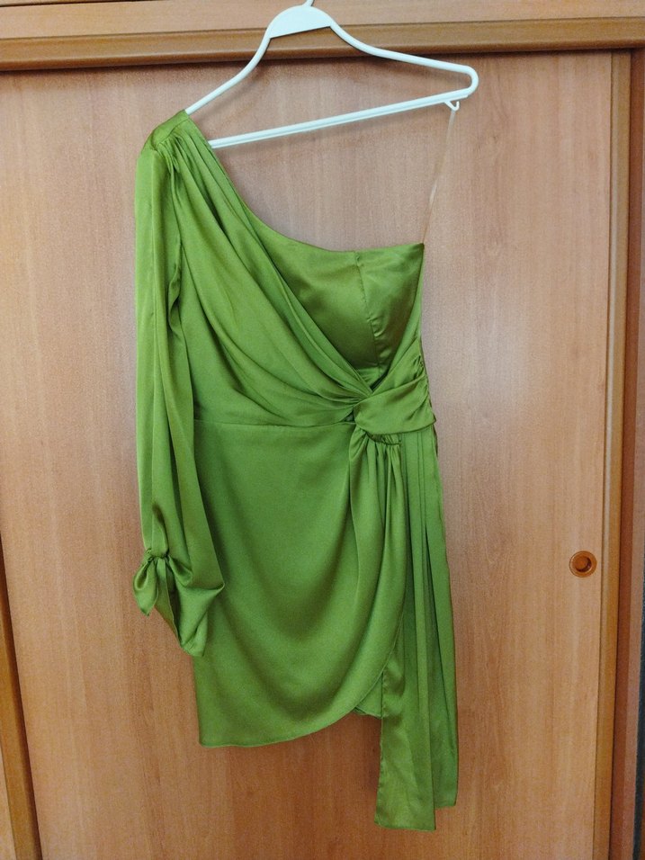 Yeşil Tek Kollu Drapeli Mini Abiye Elbise - Görsel 3
