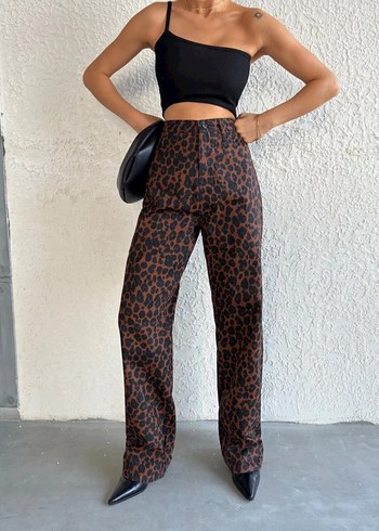 Kahverengi leopar Desenli Bol Kesim Pantolon