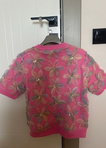 Pembe Çiçekli Kısa Kollu Örgü Kazak - Görsel 4