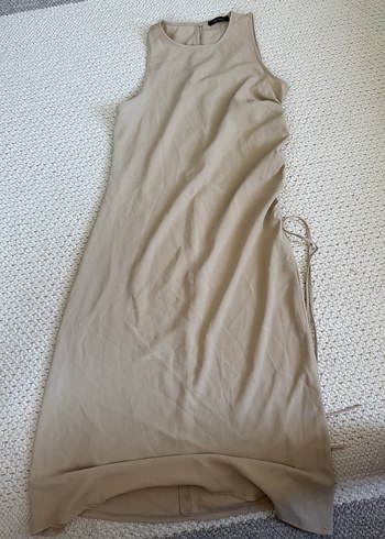xl Beden Bej Kolsuz Midi Keten Elbise