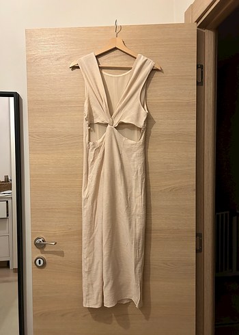 Bej Keten Uzun Elbise - Görsel 2