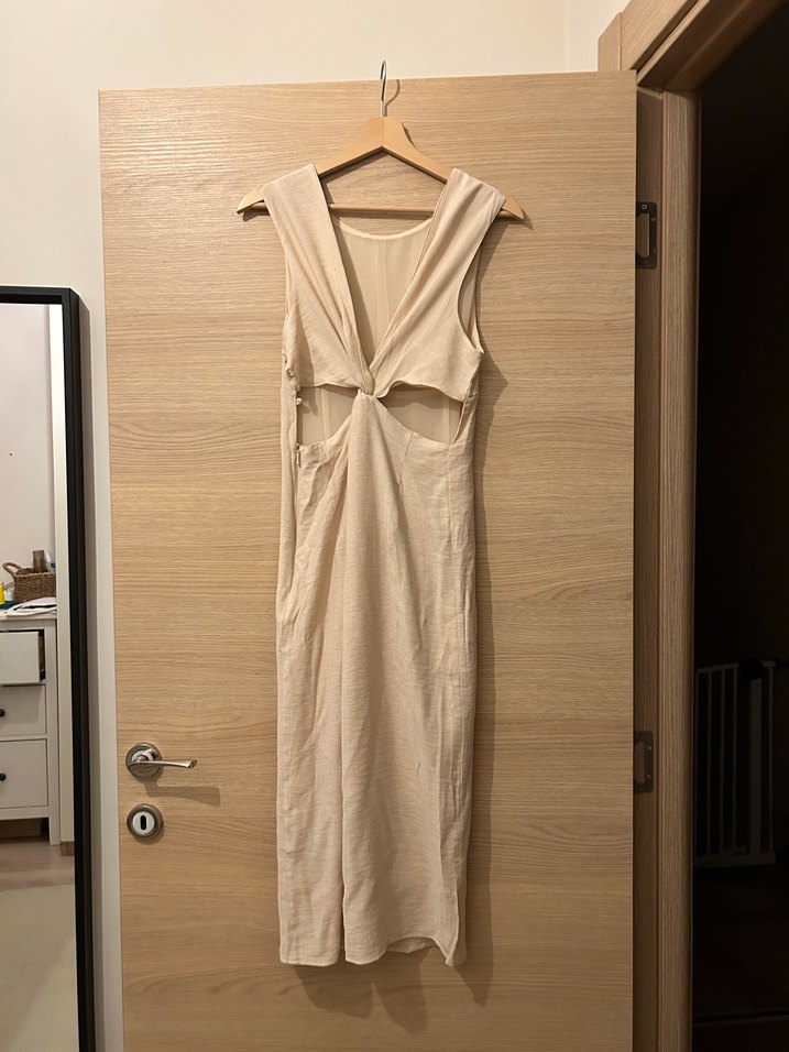 Bej Keten Uzun Elbise - Görsel 2