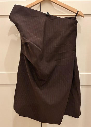 Asimetrik Drapeli Kahverengi Midi Elbise - Görsel 2