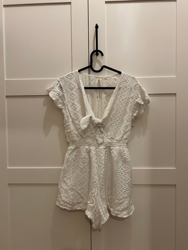 Dantel Detaylı Beyaz Bohem Kısa Tulum - Görsel 2