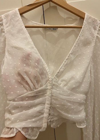 Düğmeli V Yaka Bohem Beyaz Bluz - Görsel 2