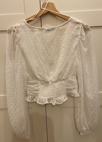 Düğmeli V Yaka Bohem Beyaz Bluz - Görsel 3