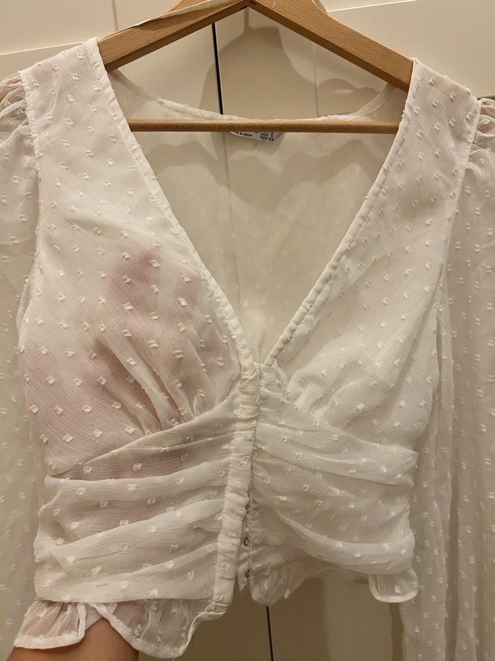 Düğmeli V Yaka Bohem Beyaz Bluz - Görsel 2