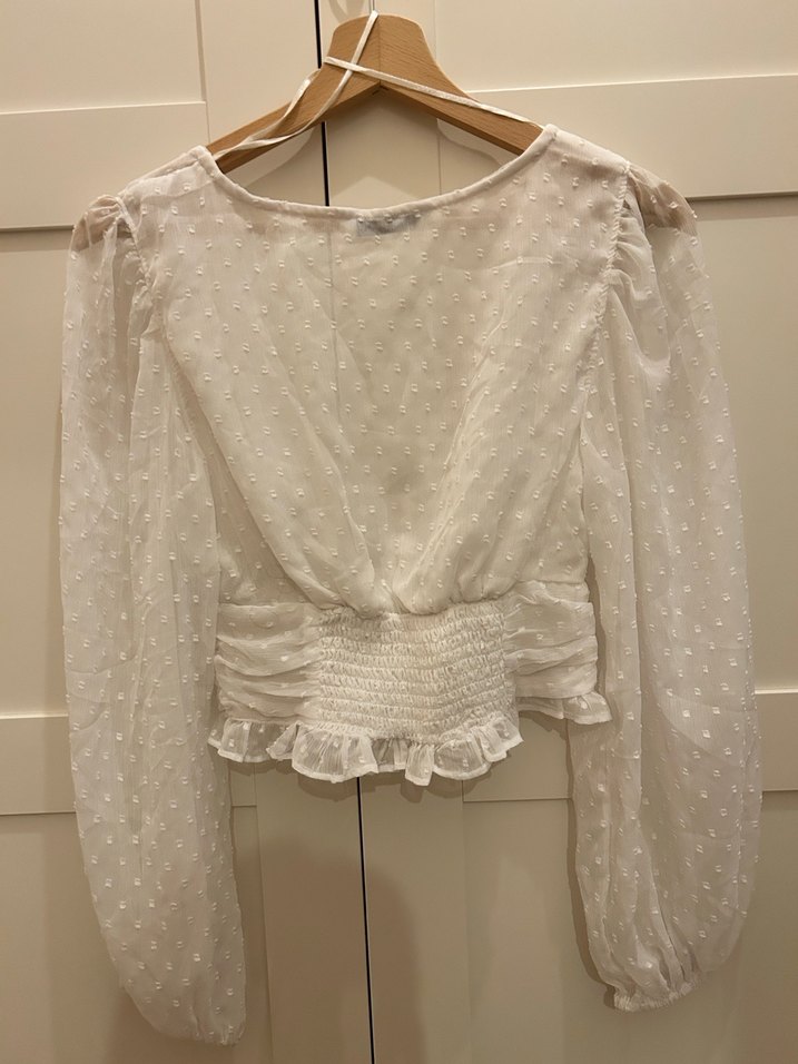 Düğmeli V Yaka Bohem Beyaz Bluz - Görsel 3