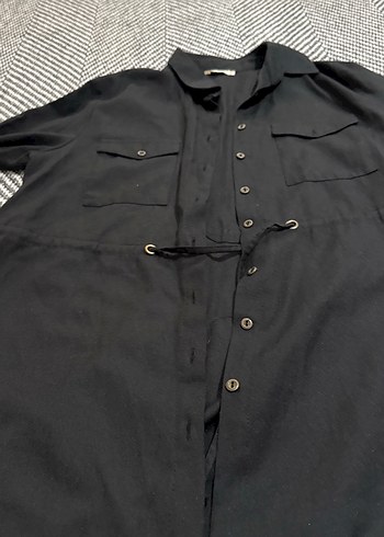 Düğmeli Siyah Uzun Keten Kadın Gömlek - Görsel 3