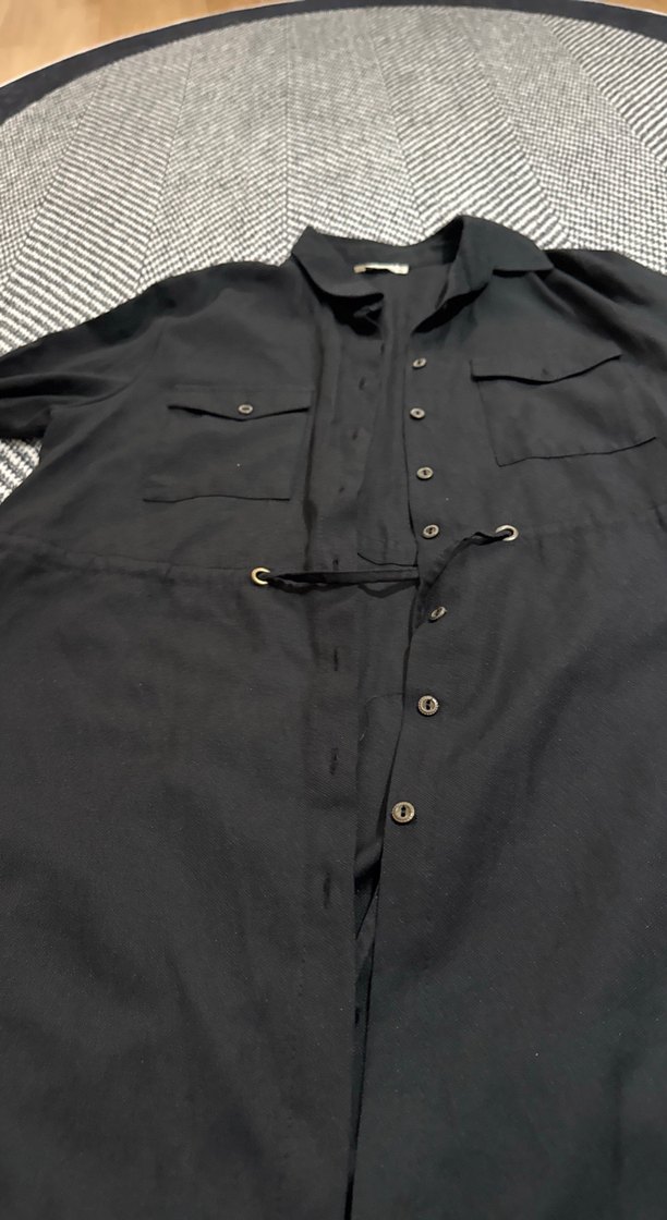 Düğmeli Siyah Uzun Keten Kadın Gömlek - Görsel 3