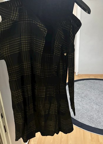 Düğmeli Siyah Ekose gömlek elbise - Görsel 2