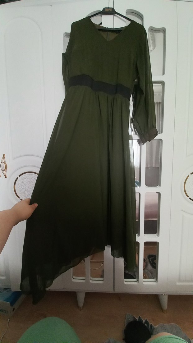 Süet Kemerli Uzun Elbise - HAKİ - Görsel 3